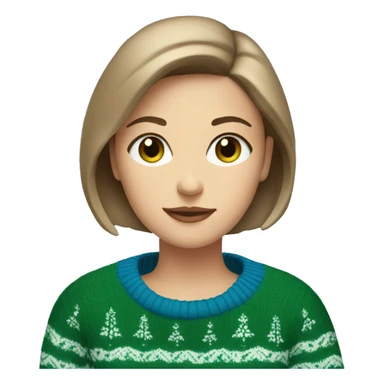 Light brown short haired girl with green eyes drinking coffee wearing blue Christmas sweater sticker