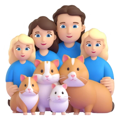 Family portrait with father with dark brown hair and blue eyes, mother with light brown hair and blue eyes, three blonde little girls with blue eyes, plus a cat and two guinea pigs sticker