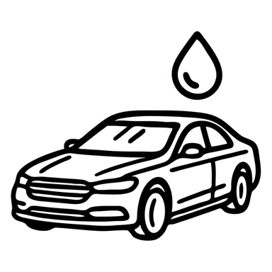 outlined icon of a full premium vehicle with glossy black paint, strong mirror-like shine and reflections, water droplet sliding on the hood or roof, clean lines, subtle repellent effect, modern and simple sticker