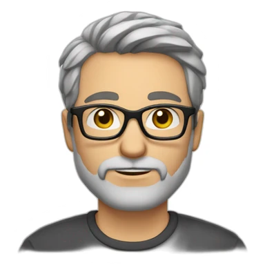 Caucasian man 40. brown eyes. short hair and short gray beard. disheveled on end. black glasses sticker