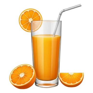 A glas of orange juice. Without a straw. With a slice of orange next to it on the bottom sticker