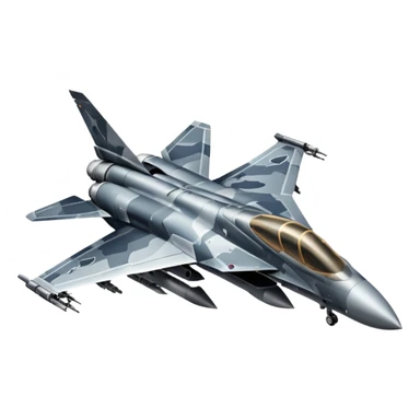 Draw a modern fighter jet with sharp wings, camo design & missiles mounted. sticker