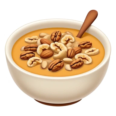 Walnut soup sweet dessert in bowl with nuts, simplified emoji style with bold outlines and bright colors, cartoon style Hetao Hu traditional sweet sticker