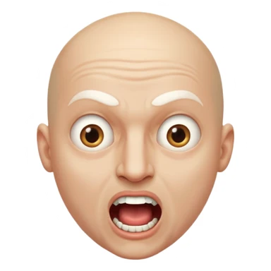 Cabaret portrait of a bald man with a whitened face and made-up eyes and mouth, a huge, wide-open mouth and a startled look sticker