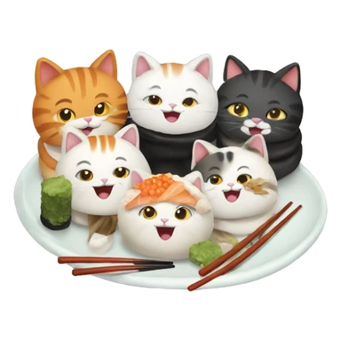 four happy cats eating sushi sticker