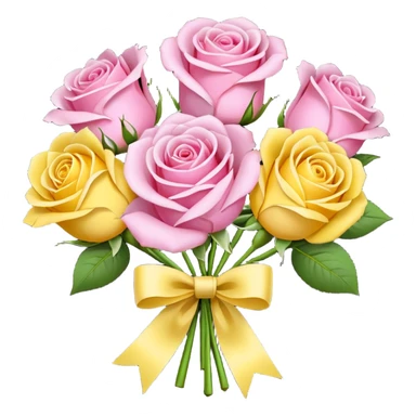 A bouquet of flowers, composed of pink and yellow roses, four blooms in total, tied with ribbon. sticker