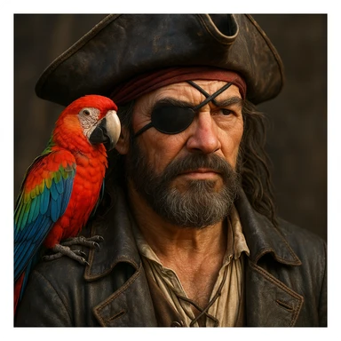 3d art of a pirate with eye patch and parrot in sticker