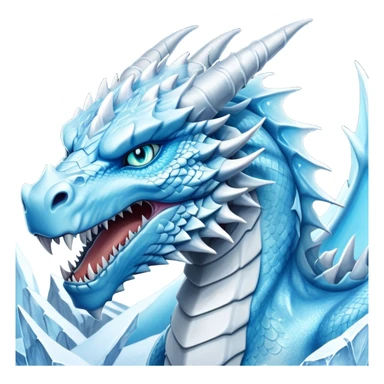 Cinematic Noble Fierce Ice Dragon Portrait Emoji, Poised and imposing, with a muscular, scaled body shimmering in glacial hues of icy blue, frostbitten silver, and crystalline white, breathing out frost, with piercing, glowing eyes that radiate the chilling depths of an arctic storm; rendered in detail. sticker