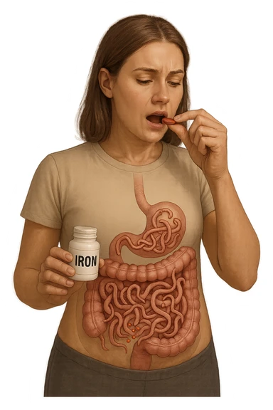 donna con parassiti intestinali che prende integratore di ferro, ma lo mangiano i suoi parassiti. Immagini realistiche sticker