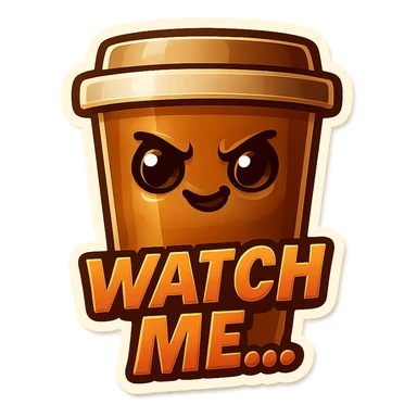 Tall coffee cup, mischievous eyes, "Watch me..." sticker