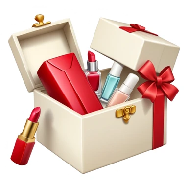 an open gift box with lipstick, cream jar, and perfume bottle spilling out sticker