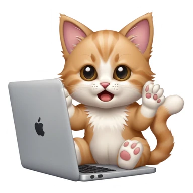 A cute kitten is sitting at her laptop with both paws up and screaming. He has a condition that he is fed up and can no longer tolerate it. sticker