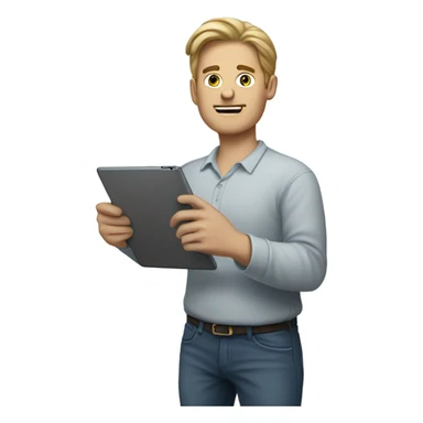 white man standing with ipad sticker