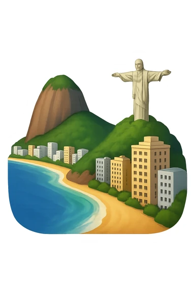 Remove the sky background from the Rio de Janeiro emoji, keeping everything else the same: the majestic vista of the skyscraper-lined beach, the mountain, and the Christ the Redeemer statue, with lifelike detail, bright lighting, and accurate colors. The background should be fully transparent. sticker