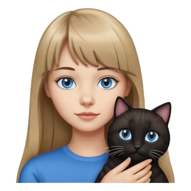Apple-style emoji sticker of a young woman with long dark blond hair and bang, blue eyes , holding a cat black and white sticker