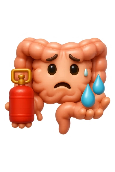 EMOJI STILE IPHONE DI un'intestino preoccupato che ha una bombola di gas in mano e due gocce di acqua in 3d nell'altra mano, IPERREALISTICO 4K sticker