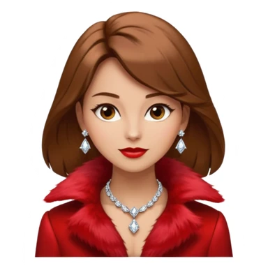 * Character: A stylish lady,brown hair
* ﻿﻿Clothing: A luxurious red fur coat
* ﻿﻿Accessories: A dazzling diamond necklace
* ﻿﻿Expression: Confident, elegant, maybe slightly glamorous
* ﻿﻿Pose: Head slightly tilted or a poised posture
* ﻿﻿Style: Emoji-like, simple but expressive sticker