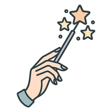 elegant female hand with almond-shaped nails holding a magic wand, stars flying out of the wand, Chinese eastern style, thin clean contours, soft rounded shapes, pastel palette #98B5BC, #B5B3C1, #C9A3C9, #E4C0CA, #F7DCD1, #F7C0AA, detailed shadows and highlights, soft lighting, transparent background, no decorative elements sticker