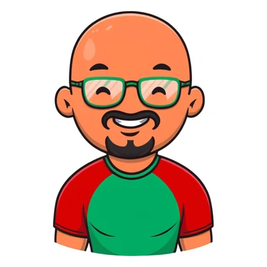 muscular bald man with red goatee and glasses, smiling, wearing a green shirt sticker