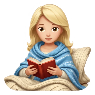 Cozy blonde woman reading book with blanket and candle sticker