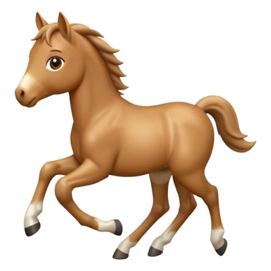 3D Apple-style emoji of a running foal. Small young horse with light brown body, short mane, big eyes, rounded and glossy, smooth shading, white background.

 sticker