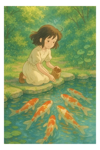 girl feeding koi fish in a pond sticker