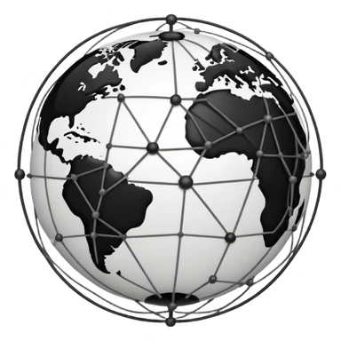 stylized globe with network lines and nodes, balanced white and black sticker