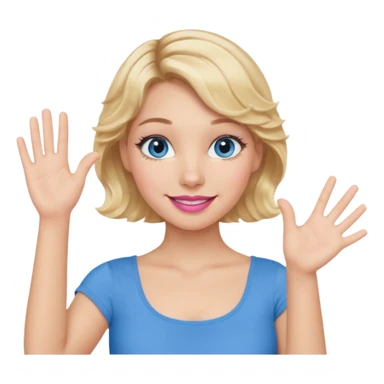 Girl Blonde short wavy hair,  blue eyes, cute blue top, long lashes, pink lips, smiling, one hand palm up sticker