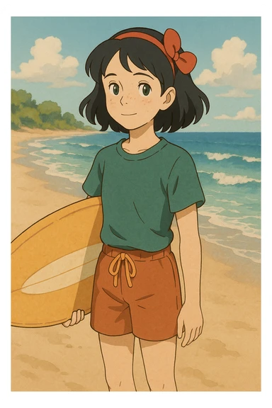 14-year-old girl resembling Snow White, hair slightly below shoulders, small green eyes, some freckles, surfer, medium height, Ghibli style sticker