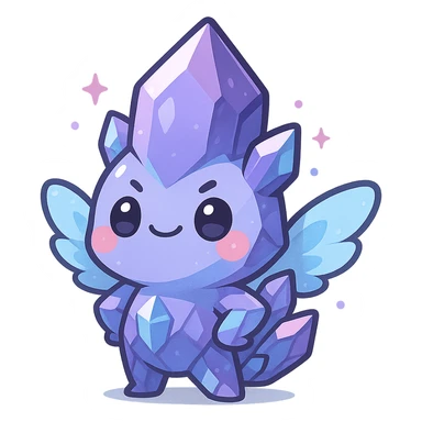 kawaii chibi style crystal sprite creature, purple, blue, and pink, with tiny magical wings, proud expression, chest puffed out sticker