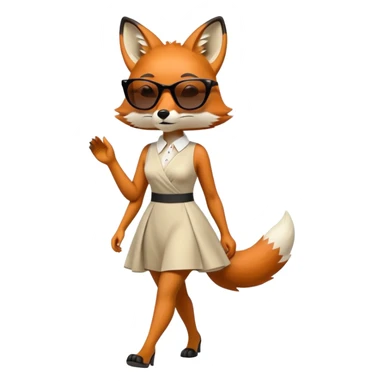 serious anthropomorphised female fox in stylish dress with sunglasses, walking with confidence, full-body view sticker