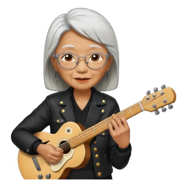 guitar rock player, elderly woman asian head, black jacket sticker