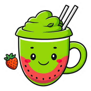cute cartoon strawberry green tea in a cup with a smiling face sticker