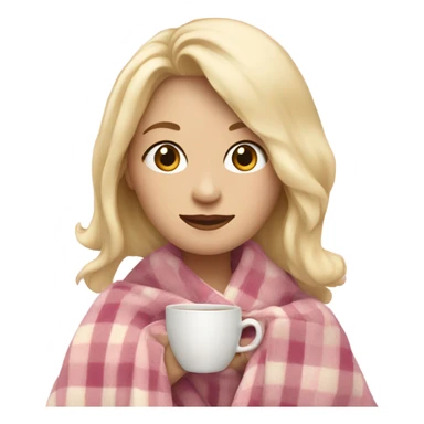 A pale blonde girl covered in a plaid light pink blanket sipping tea sticker