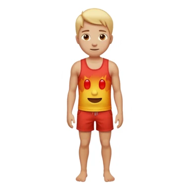 Emoji-style person standing in beach shorts, skin visibly sunburned and red on arms, legs, and face, but chest and shoulders clearly lighter with tank top tan lines. Expression shows mild pain or discomfort, cute rounded emoji design, soft 3D shading, vibrant colors sticker
