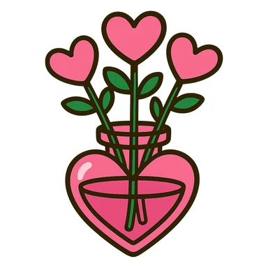 glass vase shaped like a pink heart, holding pink heart-shaped flowers, vibrant cartoon style sticker