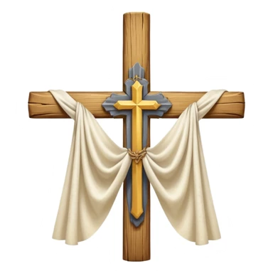 Cross made of wood, the top of the tip of the cross, a golden cross, and a white cloth hanging over the two arms of the cross sticker