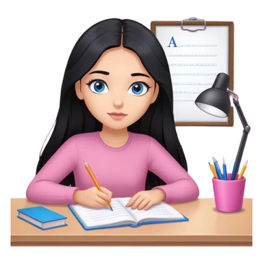 Girl with long black hair, blue sharp eyes, eyelashes, studying on a pink desk sticker