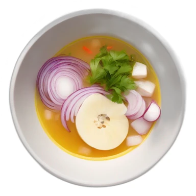 white bowl of hot soup with the following ingredients sliced red onions, albacore, coriander and yucca sticker