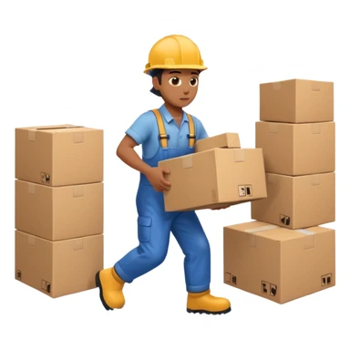 Animación educativa sobre un accidente laboral en un entorno industrial. Un trabajador de fábrica, con casco pero sin otros elementos de protección personal, resbala en un piso mojado y cae al suelo mientras transporta una caja. sticker