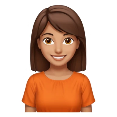 30 yr old middle eastern woman straight brown hair side bangs big smile tanned skin brown eyes orange dress sticker