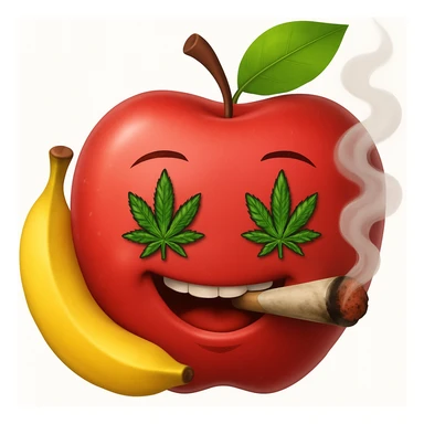 Add a cartoon joint with smoke to the smiley face made of apples as eyes and a banana as the mouth. Make it look like the face is smoking weed, keep the emoji style. sticker