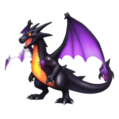 Black shiny sparkly Charizard-Fakémon with purple flame on tail full body sticker