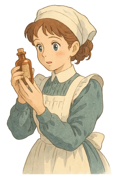 victorian nurse holding a medicine bottle sticker