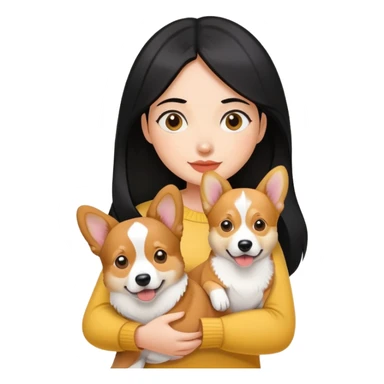 A black hair girl holding a corgi dog and a yellow dog sticker