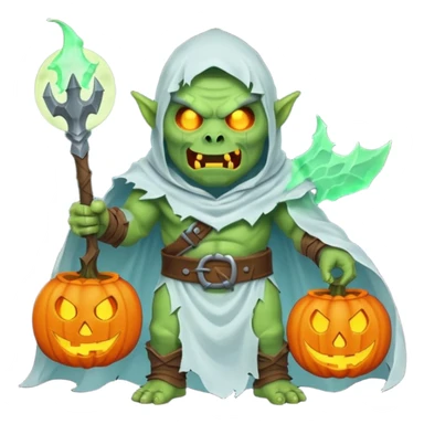 male orc warrior ghost emoji, green skin, tusks, wearing torn white ghost sheet costume, holding glowing jack-o'-lantern, faint blue aura, friendly but spooky expression, Halloween fantasy theme, Apple emoji style, clean white background, square sticker