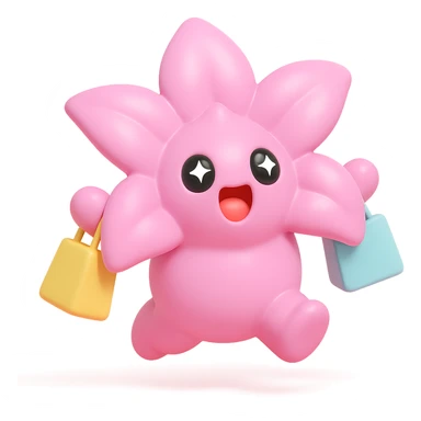 pastel magenta lily flower with sparkling eyes and open mouth, jumping with joy while holding shopping bags, round and bouncy, vinyl figure style sticker