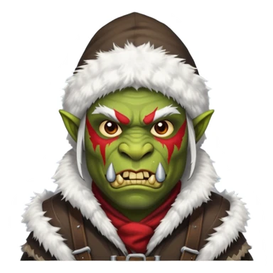 Fantasy Christmas orc raider icon, winter bandit style, fur hood, aggressive cunning expression, snowy action mood, clean emoji portrait style, male/female variant
 sticker