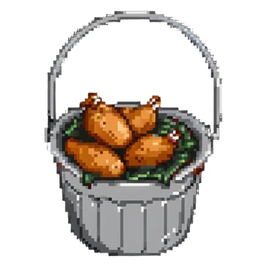 fried chicken much bigger than the silver steel bucket, slightly angled side perspective sticker