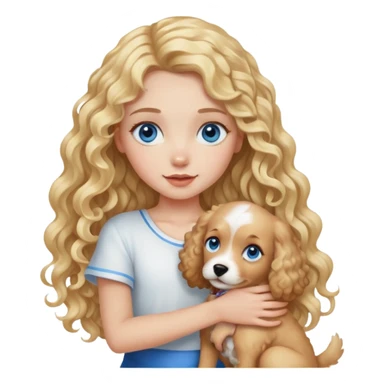 Girl with long curly blonde hair and blue eyes holding dog sticker
